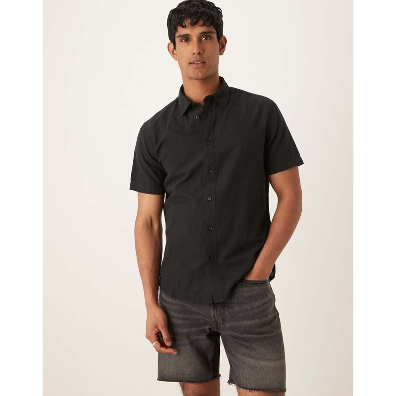 Selected linen blend short sleeve shirt in black