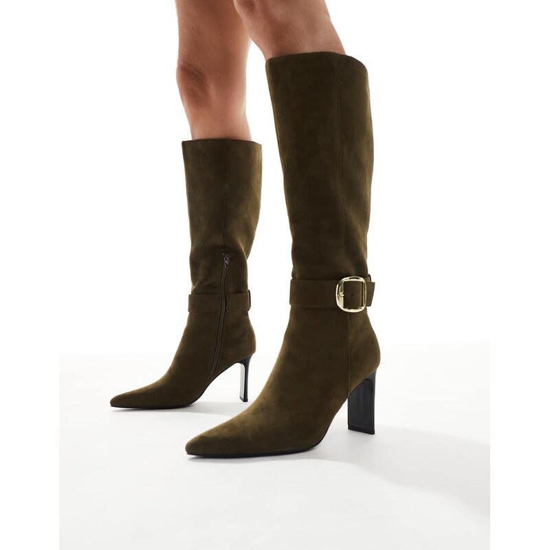 London Rebel Leah kitten heel knee boots with buckle detail in olive 110944827