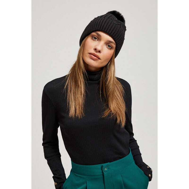 Marisse Black Beaded Pompom Hat