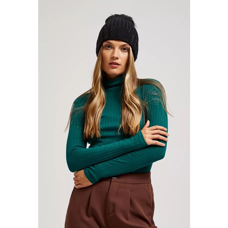 Marisse Black Rhinestone Pompom Hat