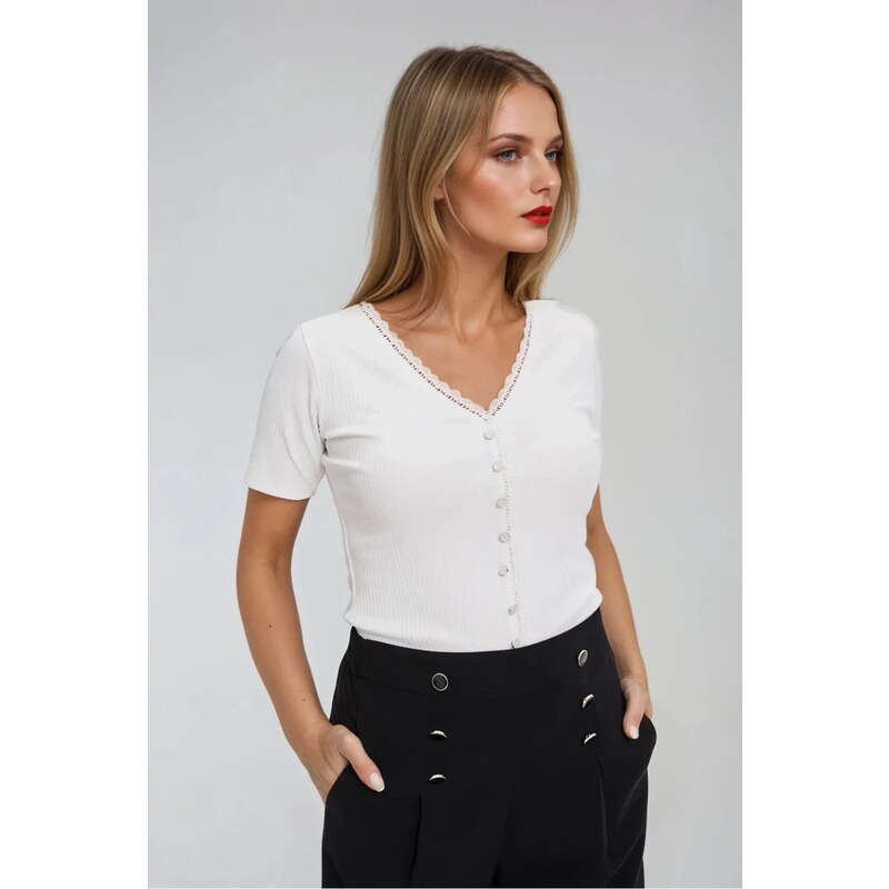 Marisse White Blouse With Lace Neckline 107918807