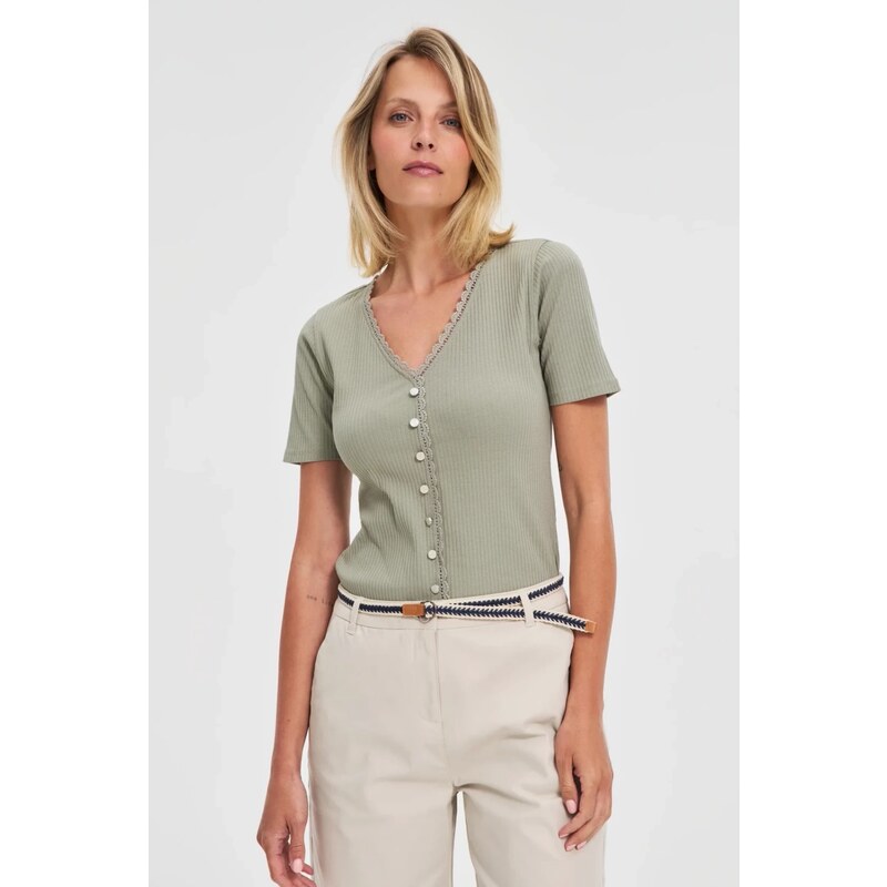 Marisse Olive Blouse With Lace Neckline