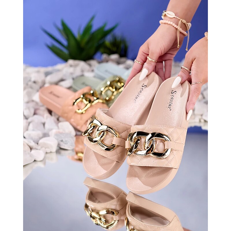 Resti Royalfashion Beige womens quilted flip-flops with gold chain 108967559