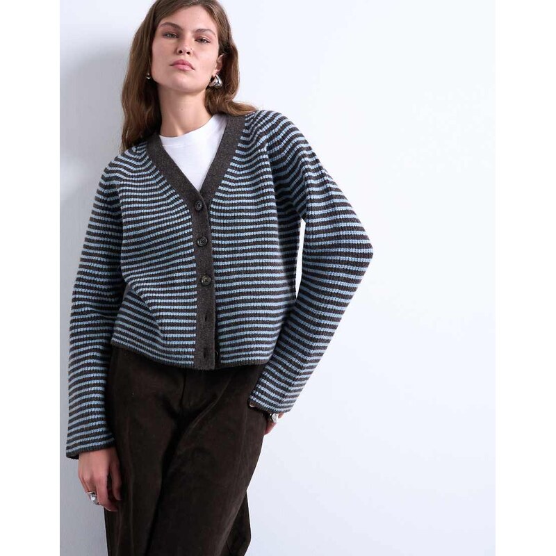 Topshop knitted stripe cardigan in blue