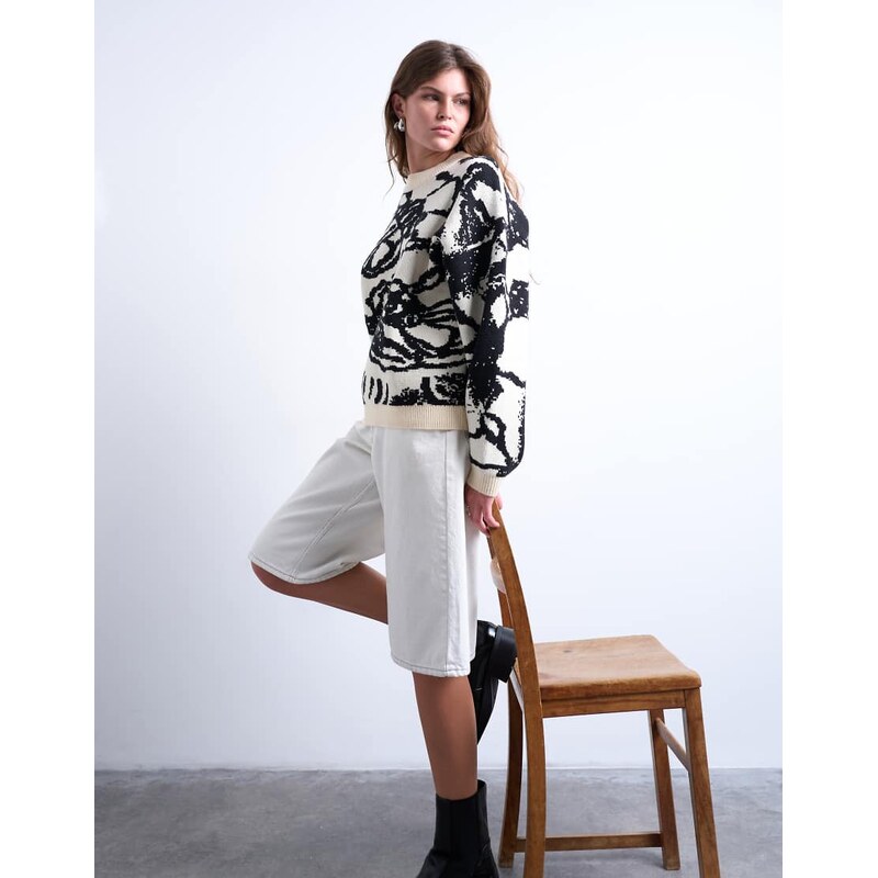 Topshop knitted jacquard clean abstract floral jumper in mono-Multi 107919589