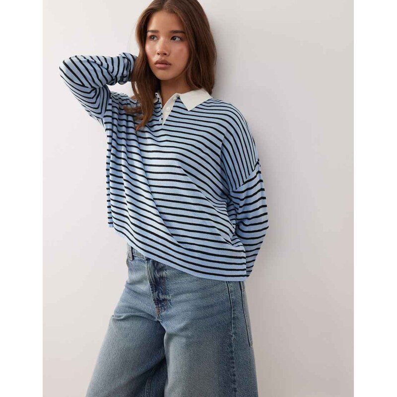 COLLUSION knitted stripe polo jumper in blue-Green