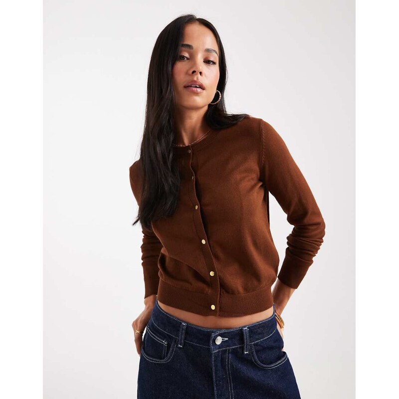Brave Soul crew neck cardigan in brown with gold buttons 107919599