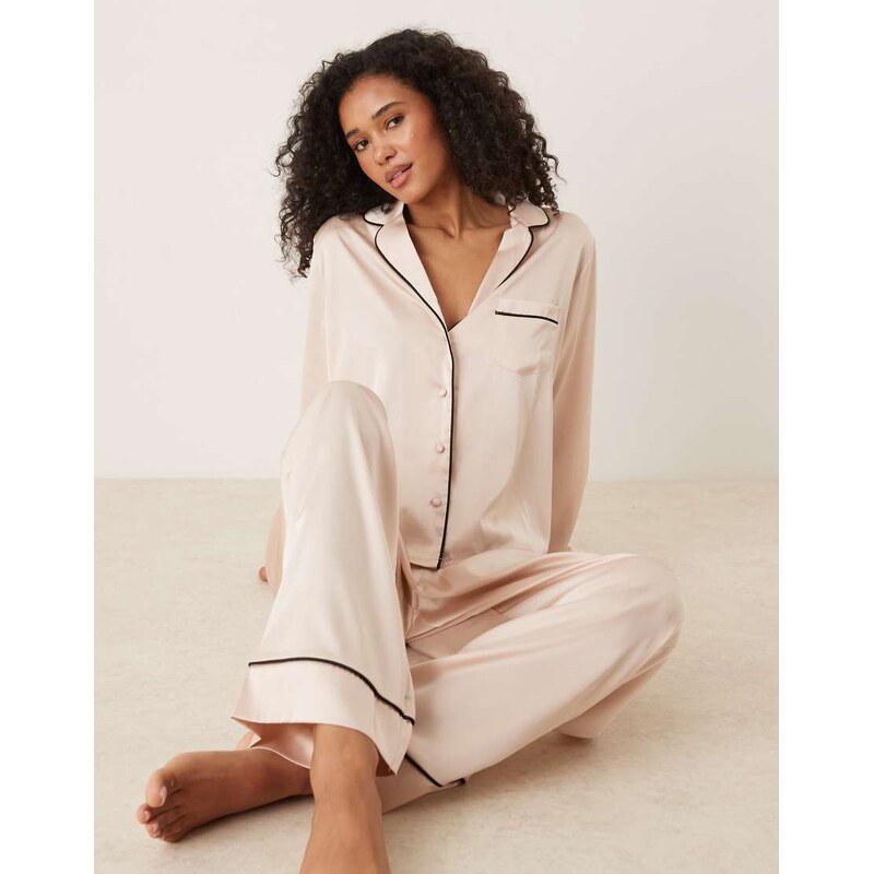 ASOS DESIGN satin shirt & trouser pyjama set in champagne pink 115511954