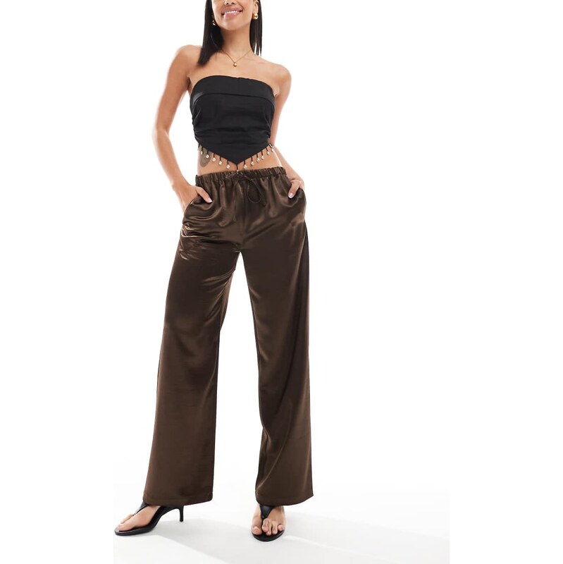 4th & Reckless satin straight leg tie waist trousers in brown 107957972