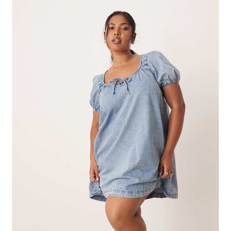 ASOS Curve ASOS DESIGN Curve denim mini dress with puff sleeve and tie 107919618