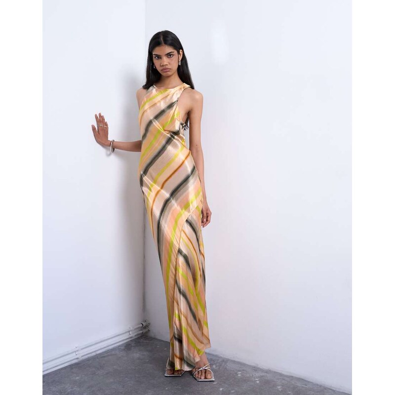 Topshop high neck racer satin midi dress in ombre stripe-Multi
