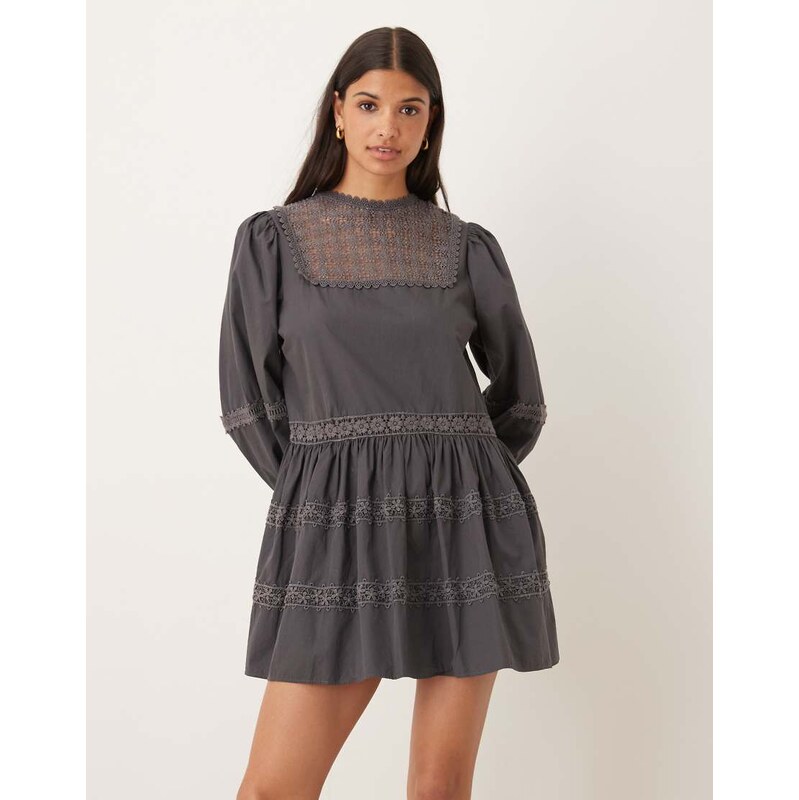 ASOS DESIGN smock mini dress with lace inserts and volume sleeve