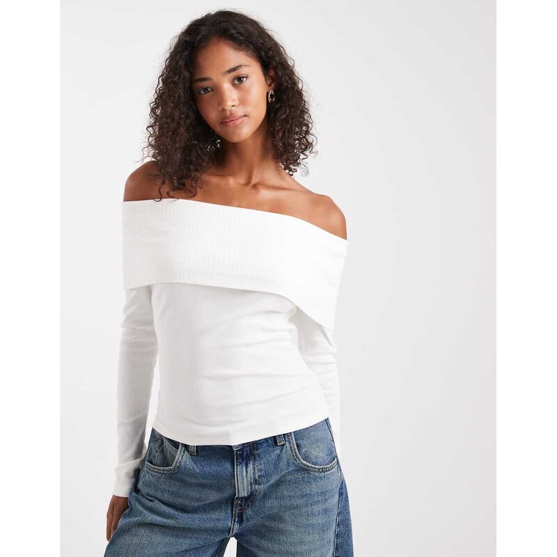 Miss Selfridge mixed rib bardot top in cream-White 115512862
