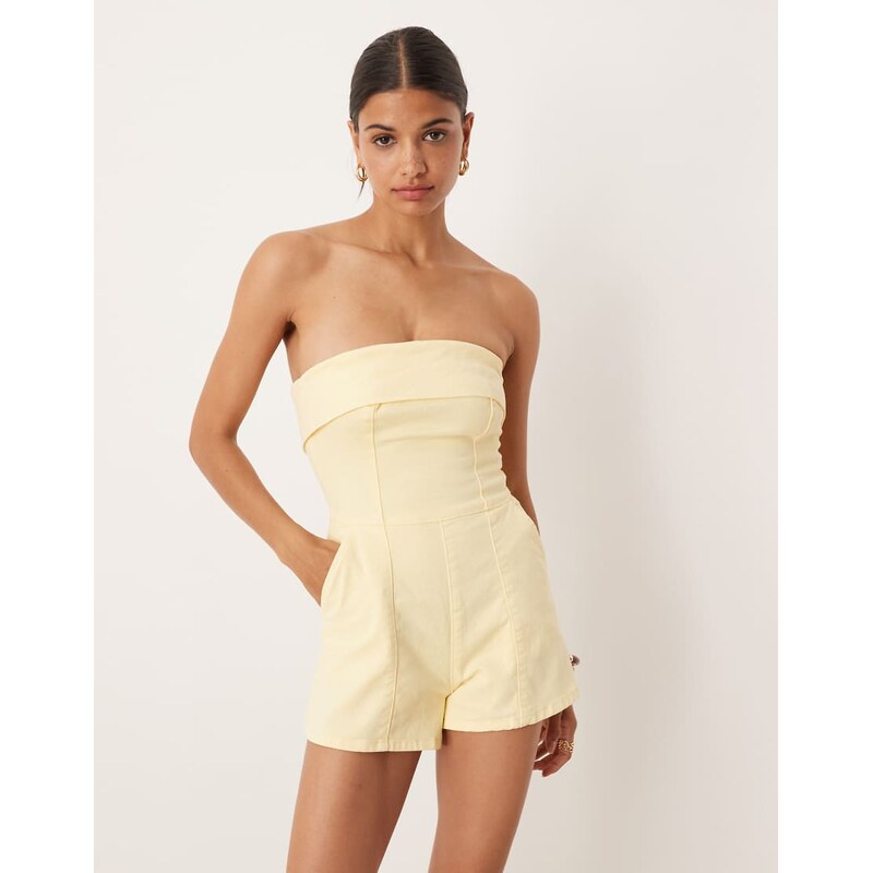 ASOS DESIGN denim bandeau fold over playsuit in buttermilk-Red 107919651