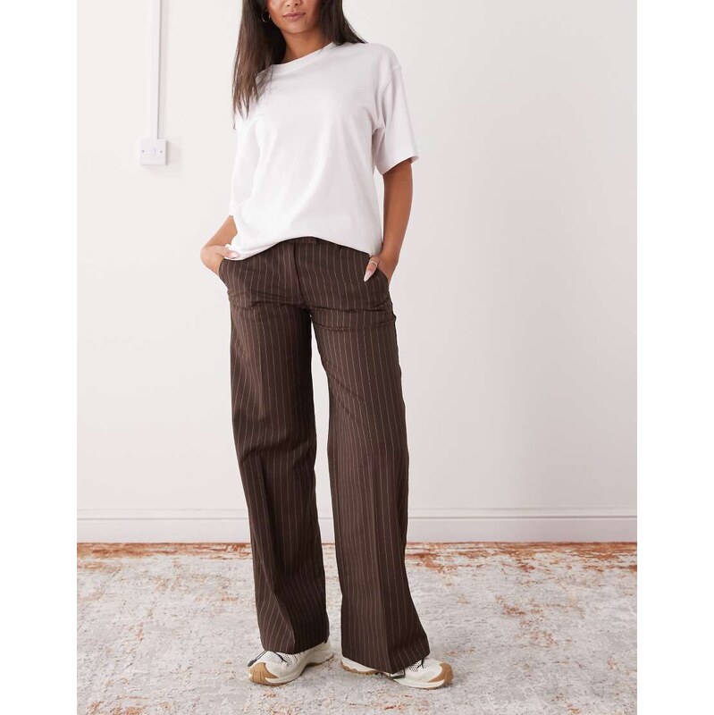 Monki high waist wide leg tailored trousers in brown pinstripe
