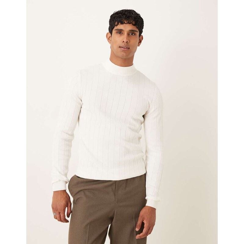 ASOS DESIGN muscle fit long sleeve knitted rib turtle neck t-shirt in off white