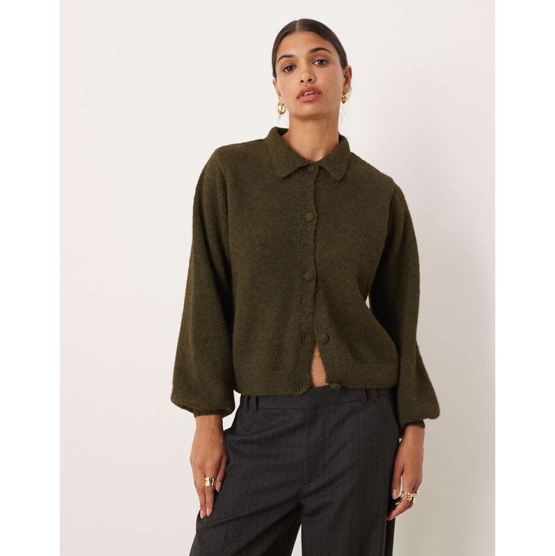 ASOS DESIGN knitted cardigan with wool in khaki-Green