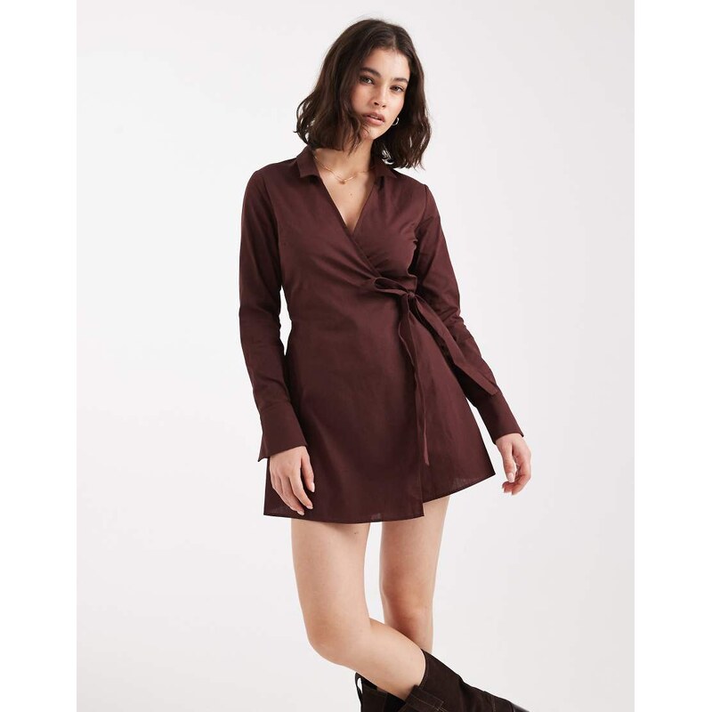 Miss Selfridge poplin wrap mini dress in chocolate-Brown