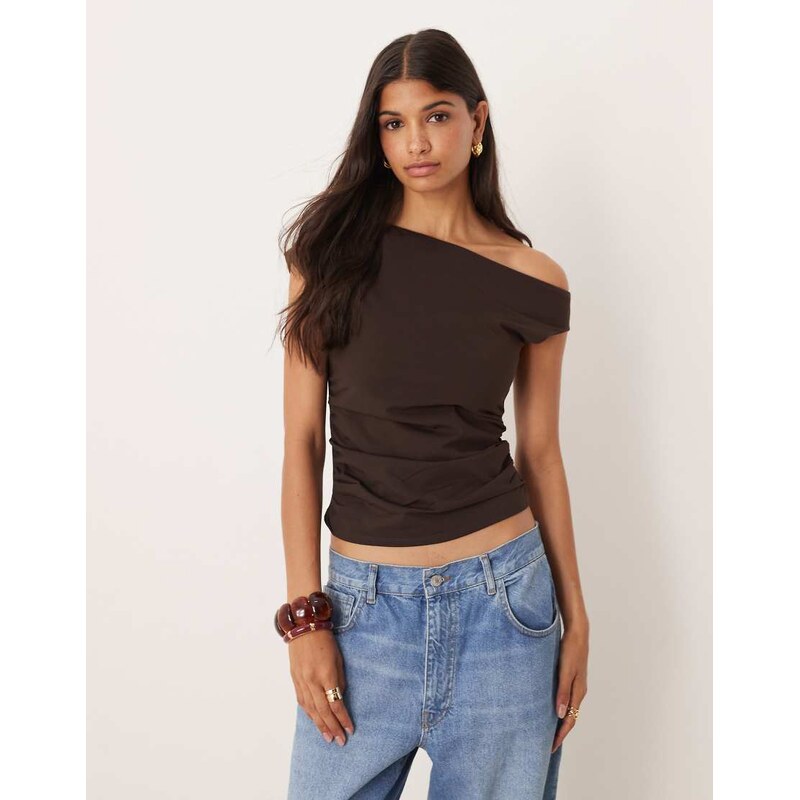ASOS DESIGN off shoulder ruched detail top in chocolate-Brown