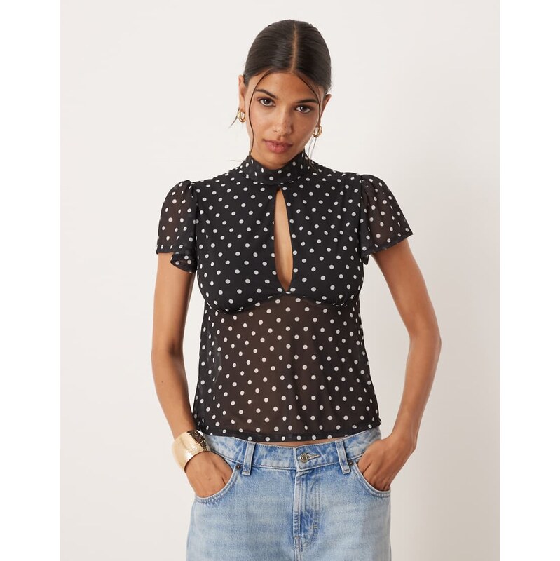 ASOS DESIGN floaty mesh flutter sleeve top with tie back detail