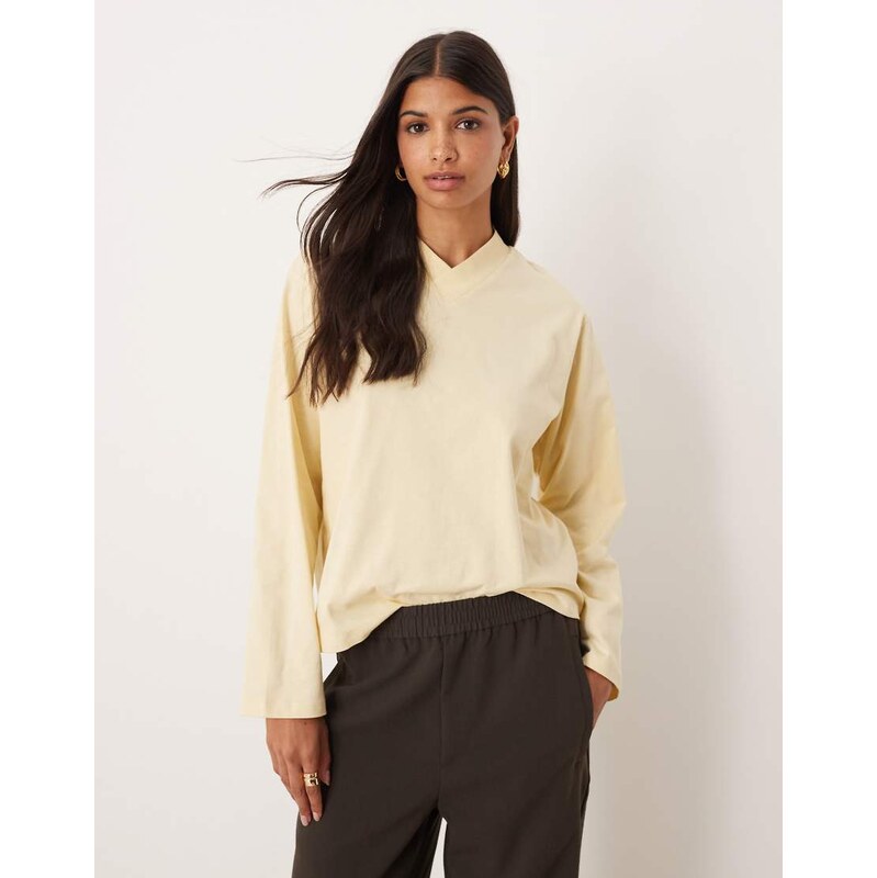 ASOS DESIGN high v neck detail long sleeve tee in buttermilk