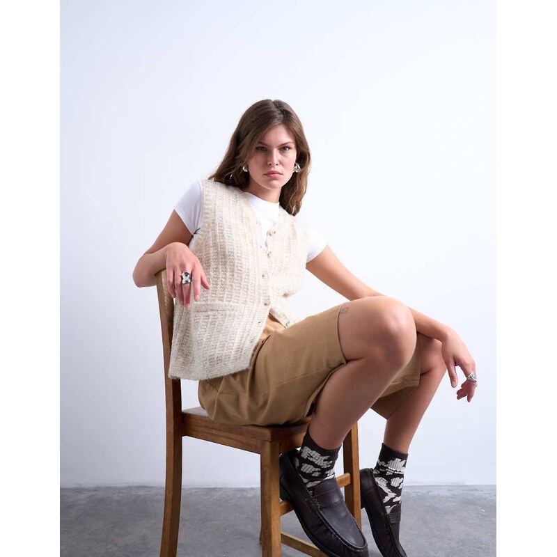 Topshop knitted stitchy pocket tank in oat-Neutral
