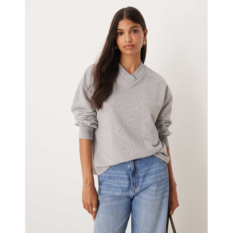 ASOS DESIGN high v neck detail sweatshirt in grey marl 107928146