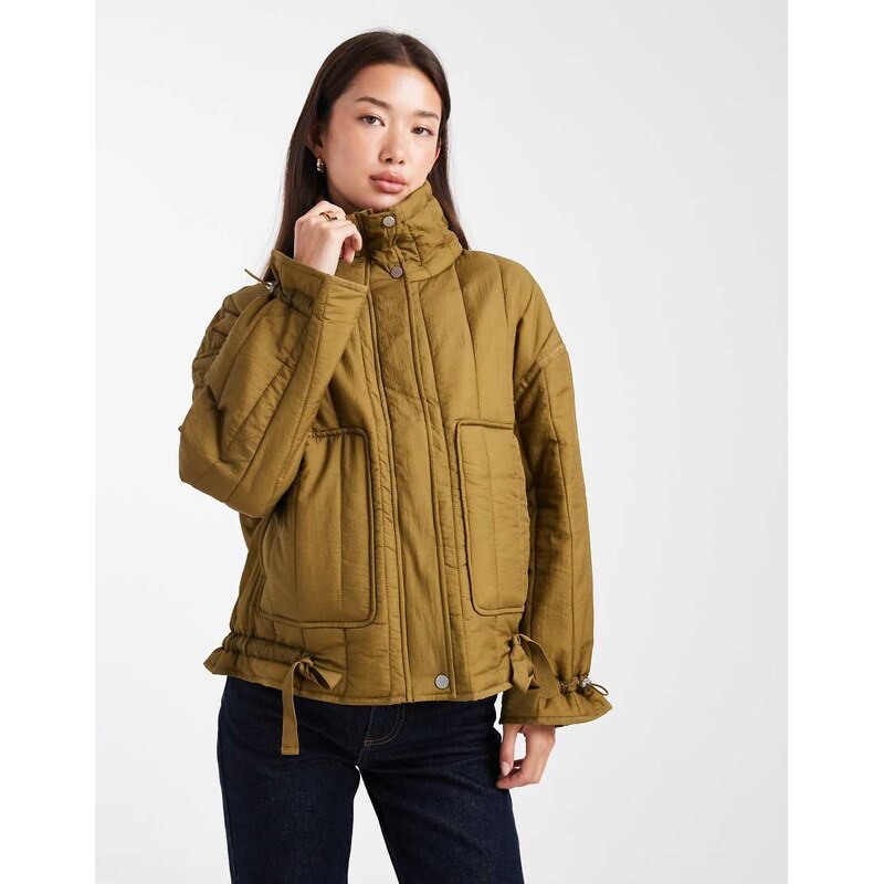 ONLY tie detail quilted funnel neck coat in olive-Green 107921455