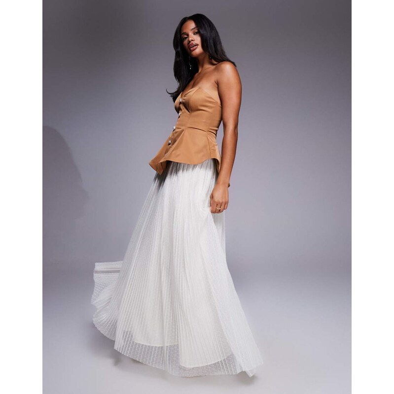 ASOS LUXE sculpted bandeau maxi dress with pleated dobby mesh