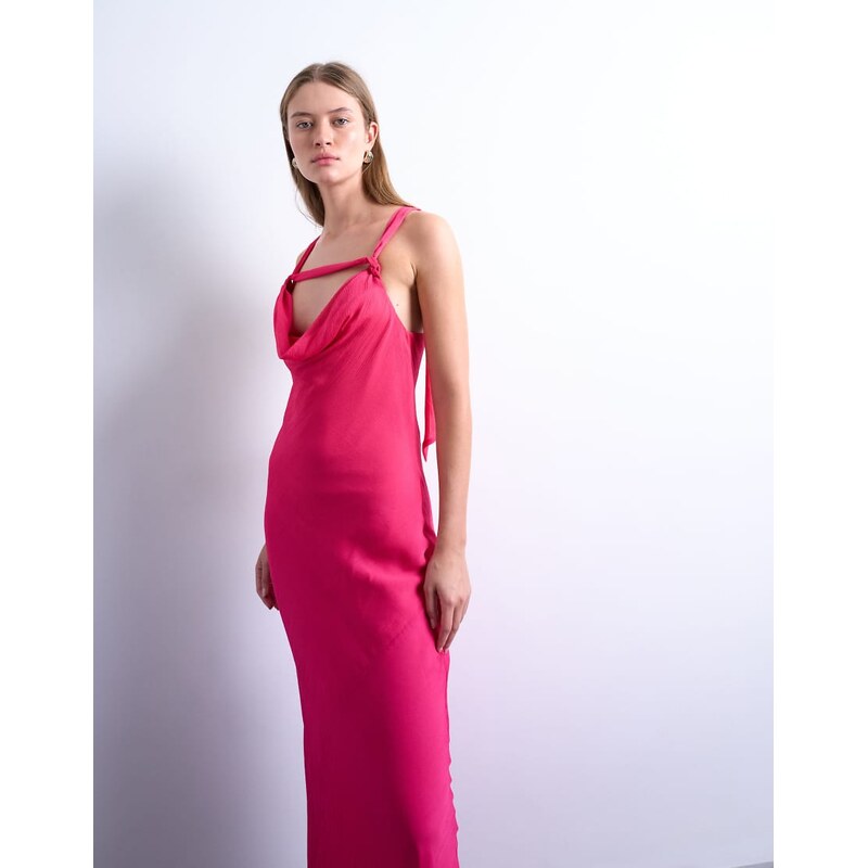 Topshop knot neck deep cowl occasion midi in fushcia pink