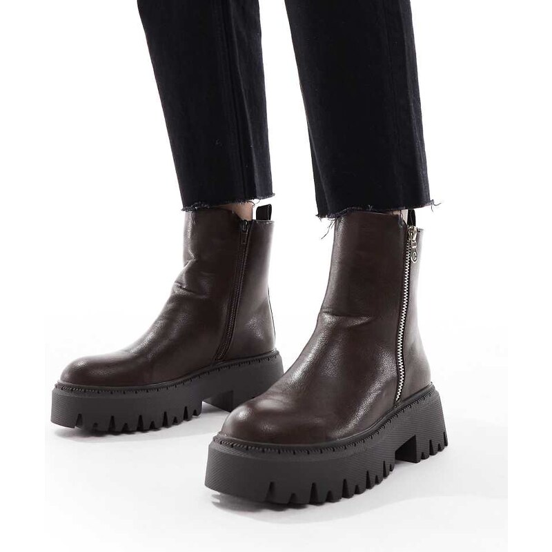 SEQWL Stella zip detail chunky boots in brown 114895440