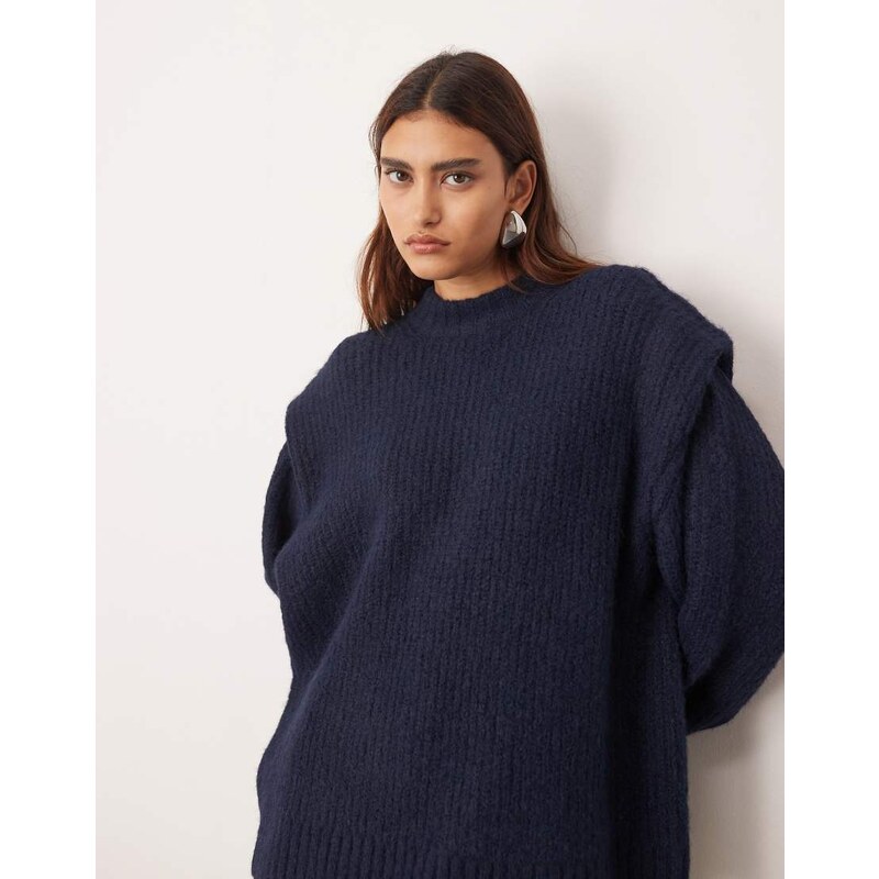 ARRANGE rib knitted shoulder pad jumper in navy