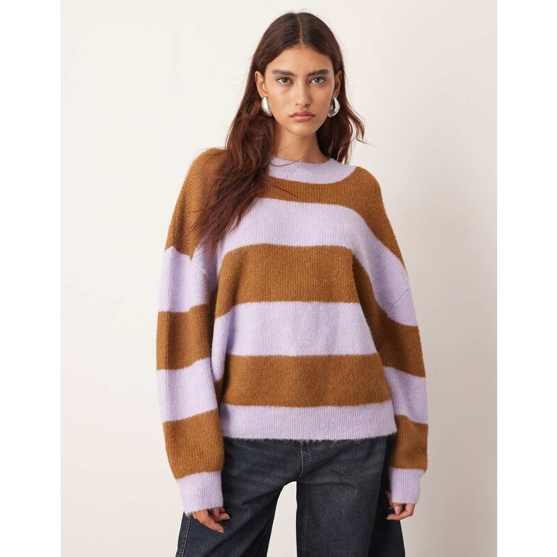 ARRANGE oversized crew neck striped knit jumper in lilac and brown 114791813