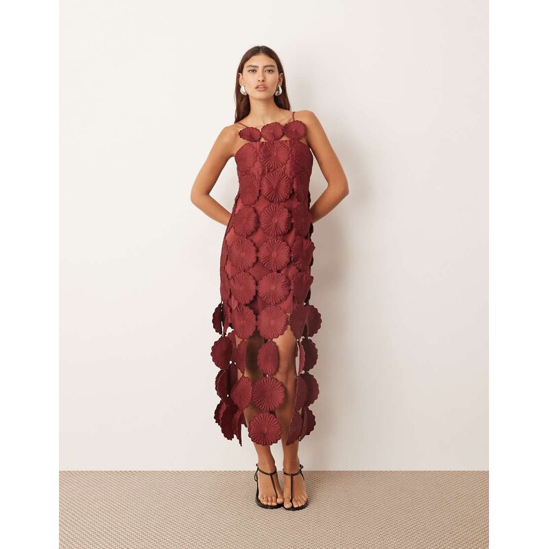 ARRANGE cutwork floral midi dress with fringe hem in burgundy-Red 115746204