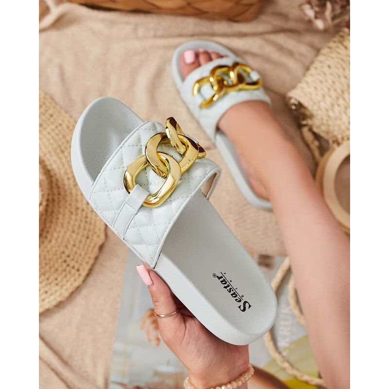 Resti Blue womens quilted slippers with a gold chain Eteris -