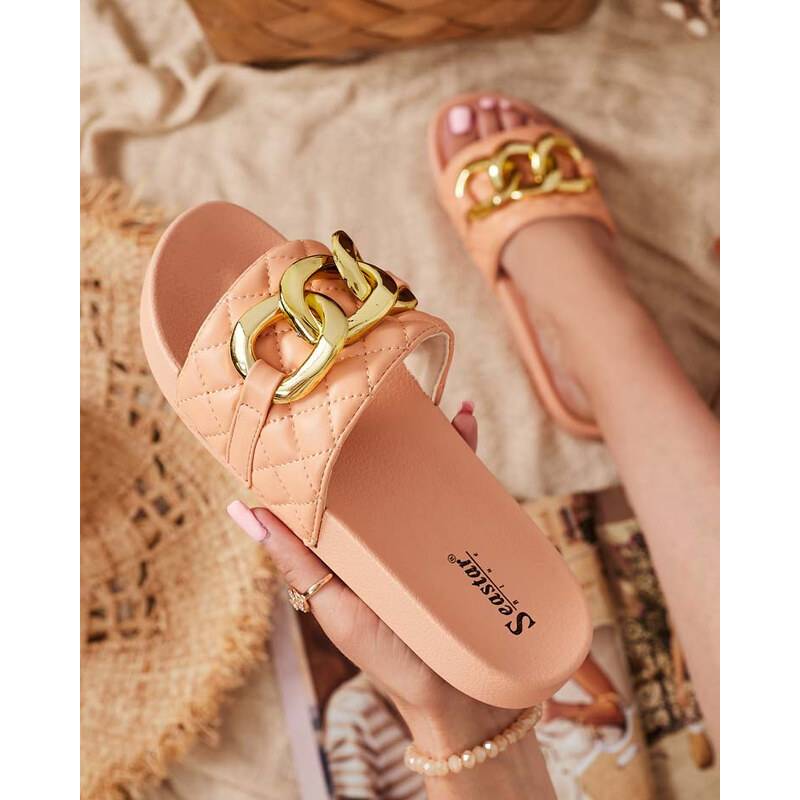Resti Royalfashion Coral womens quilted flip-flops with gold
