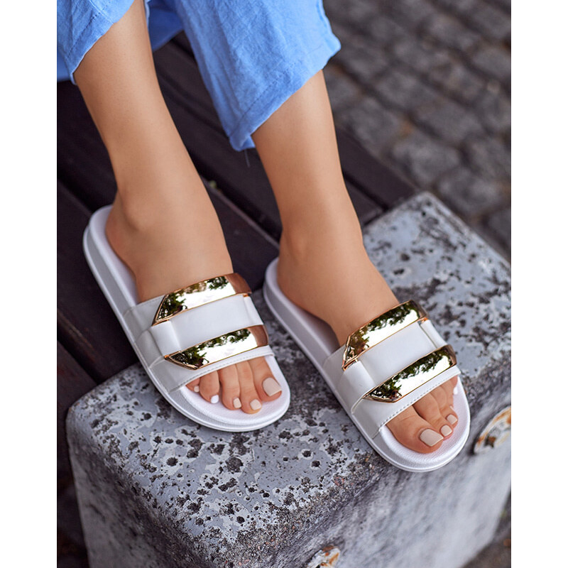 Resti Womens white slippers with golden Serina ornament -