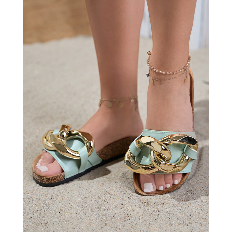 Resti Womens green slippers with decoration at Fixci- Footwear