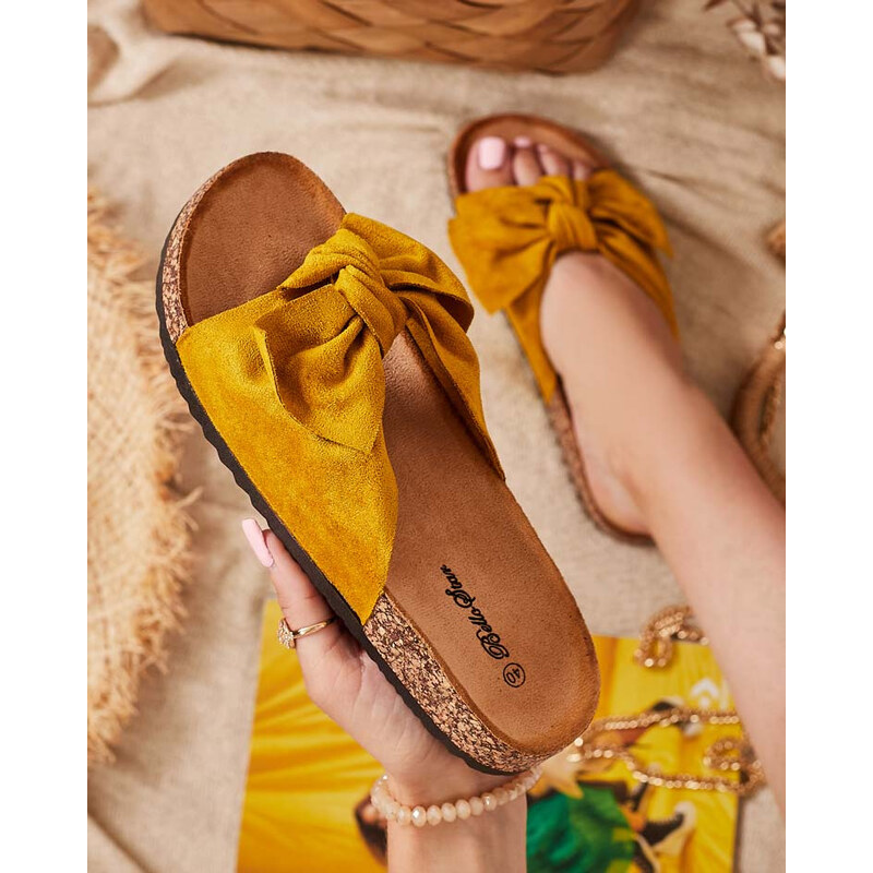 Resti Royalfashion Mustard womens eco-suede flip-flops with bow 107949662