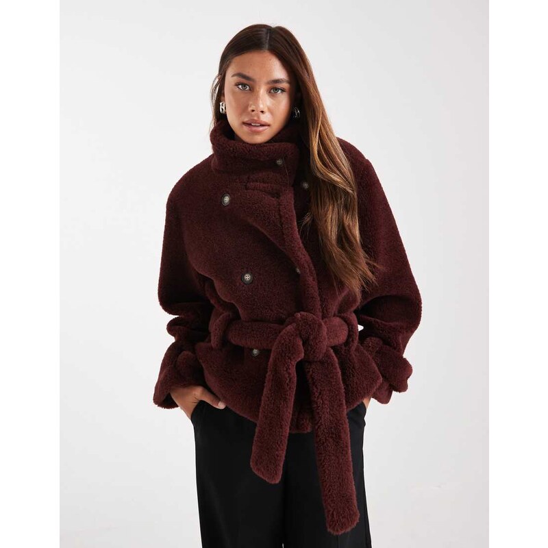 ASOS DESIGN borg cropped trench coat in burgundy-Neutral