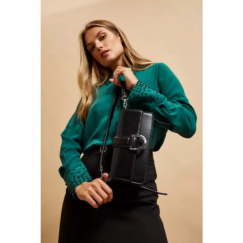 Marisse Shoulder Bag With Silver Buckle, Black