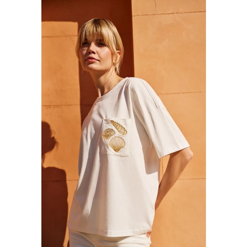 Marisse White T-Shirt With A Hat On The Pocket