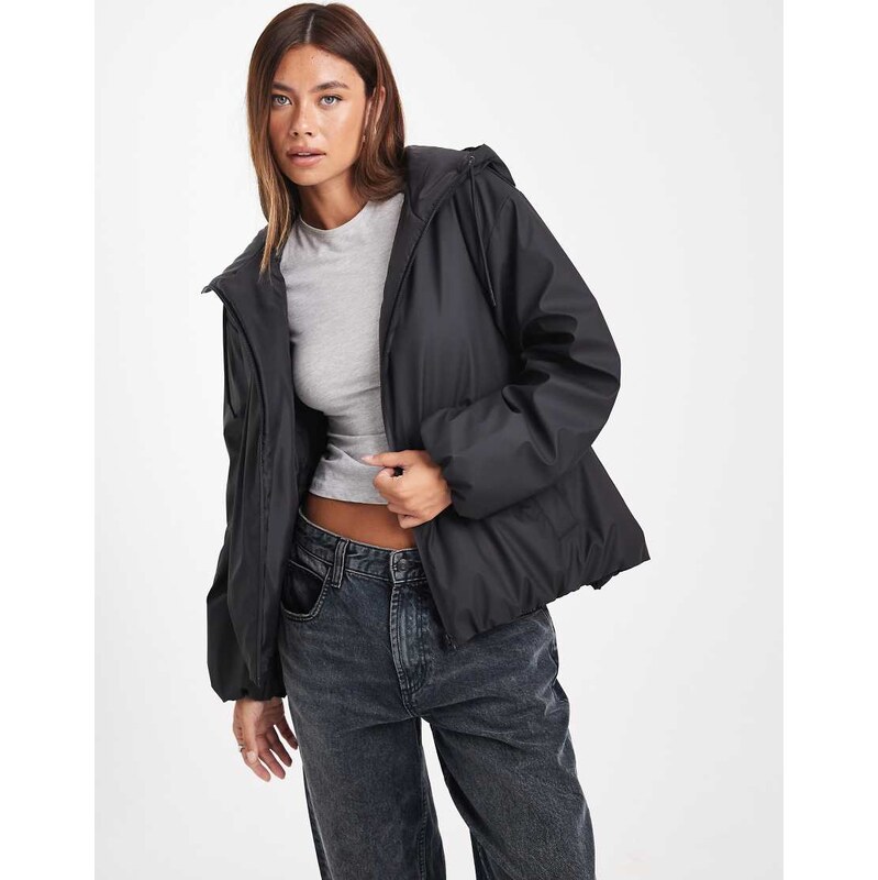 ASOS DESIGN rubberised hooded rainwear bomber jacket in black
