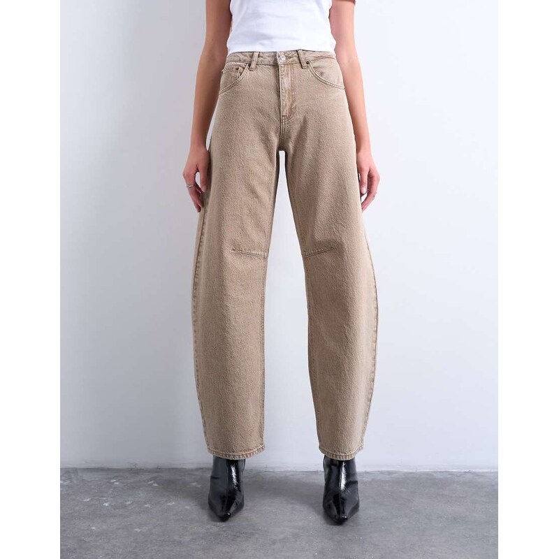 Topshop Barrel high rise jean in washed beige-Brown