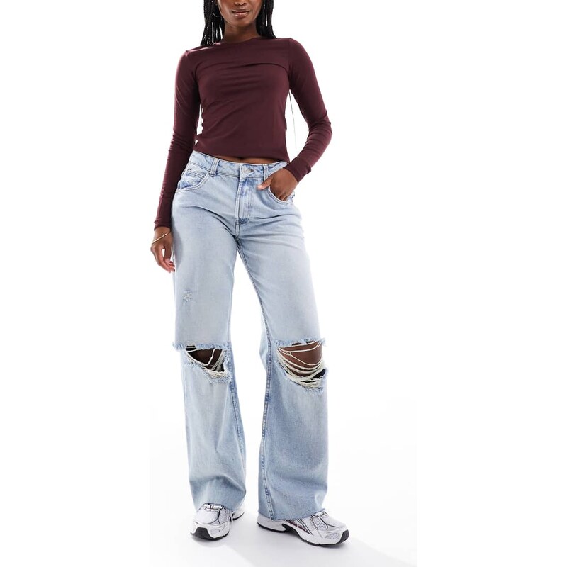 ASOS DESIGN low rise baggy jeans with rips in vintage wash-Blue