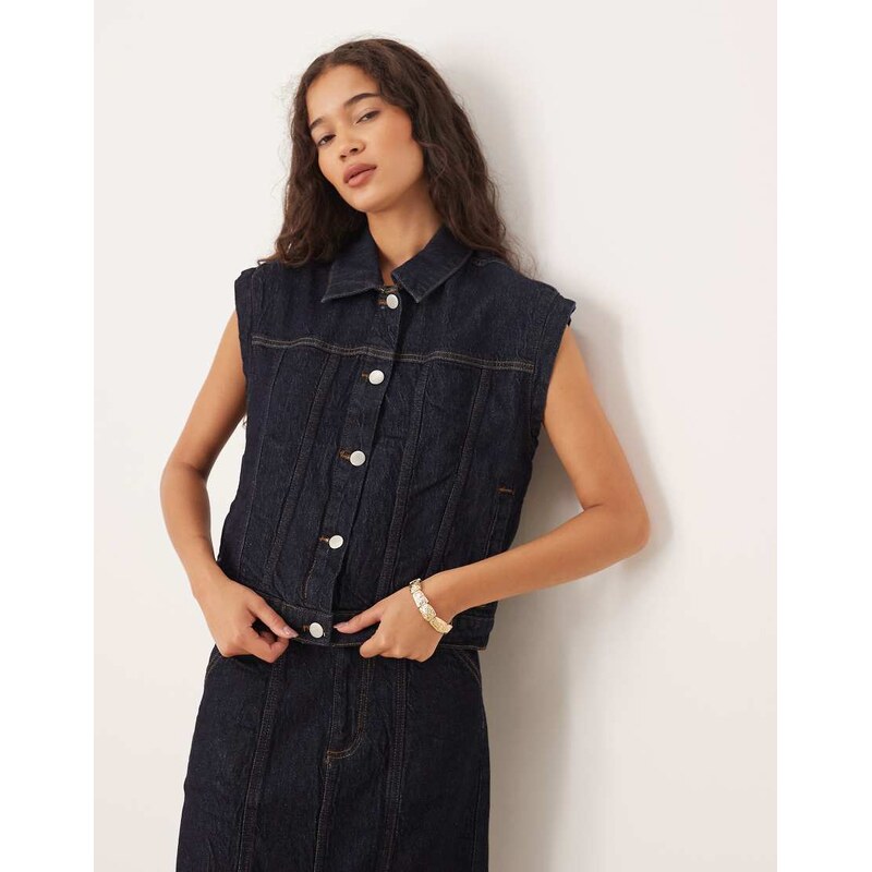 Vila seam-detail denim waistcoat co-ord in dark indigo rinse-Blue 107953985