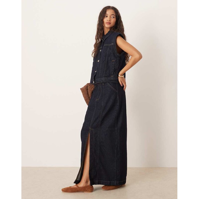 Vila seam-detail denim midi skirt co-ord in dark indigo rinse