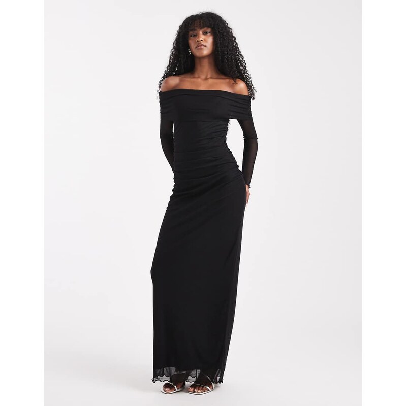Vero Moda long sleeve mesh bardot dress in black 115740600