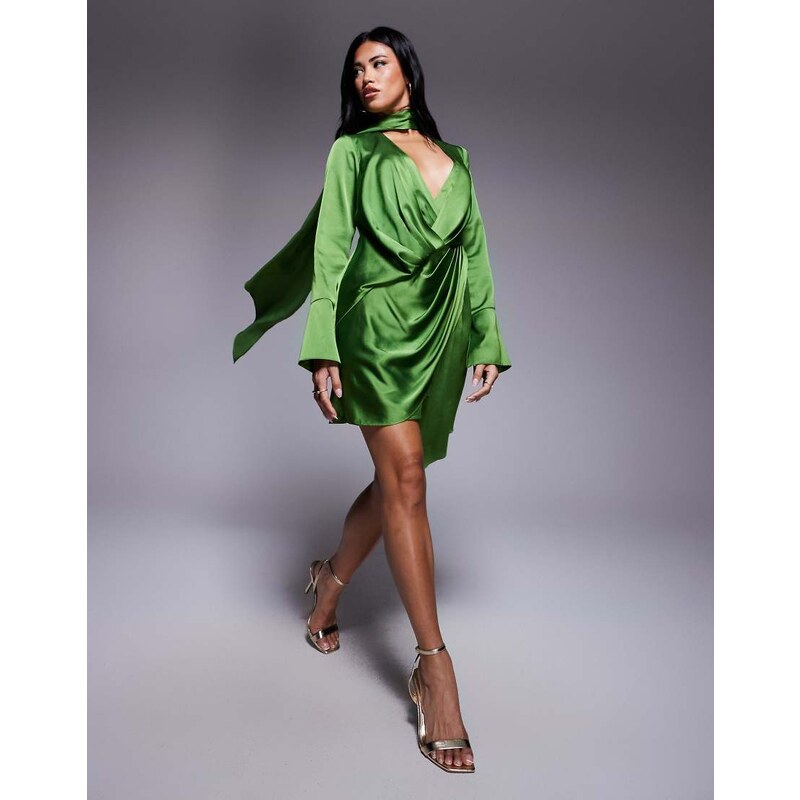 ASOS DESIGN satin long sleeve plunge mini dress with drape neck