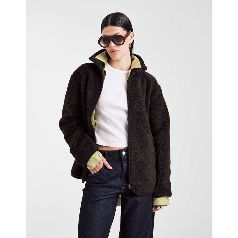 ASOS DESIGN borg zip through fleece in chocolate brown 107953888